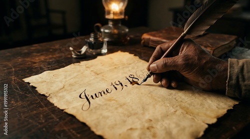 Hand writing Juneteenth on parchment with feather pen on wooden desk