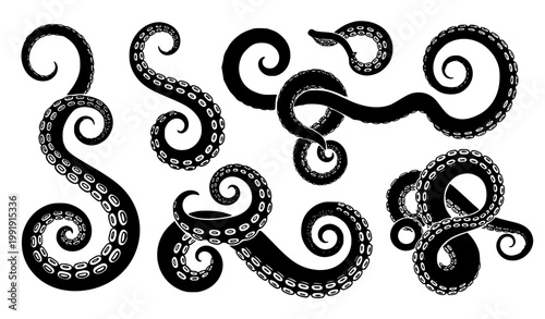 Kraken tentacle silhouette vector set with detailed suction cups and flowing sea monster shapes isolated on white