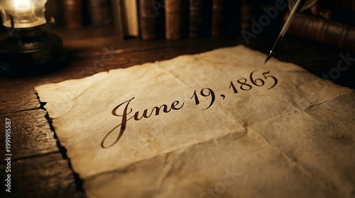 A Juneteenth celebration commemorates Freedom Day with a quill on a parchment.
