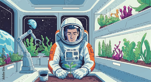 Astronaut in a futuristic space station with plants and a planet view, astronaut