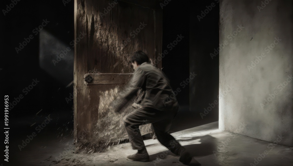 Fototapeta premium Man Breaking Through Door in Dark Room with Light.