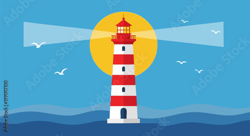 Flat lighthouse vector illustration, red and white striped beacon with light beams, nautical coastal landscape with sea waves and seagulls