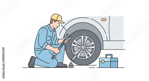 Mechanic changing car tire outdoors.