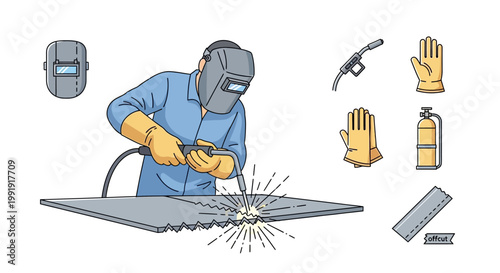 Welder working with sparks and safety gear illustration.