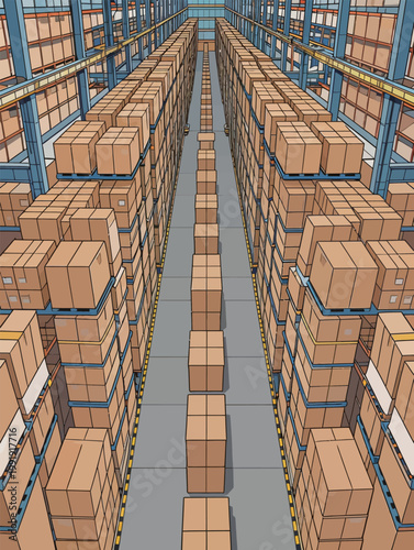 Warehouse filled with stacked cardboard boxes and organized aisles for efficient storage and retrieval of goods