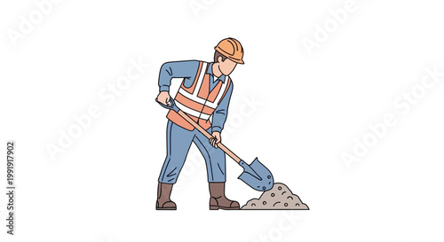 Man in safety gear shoveling gravel.