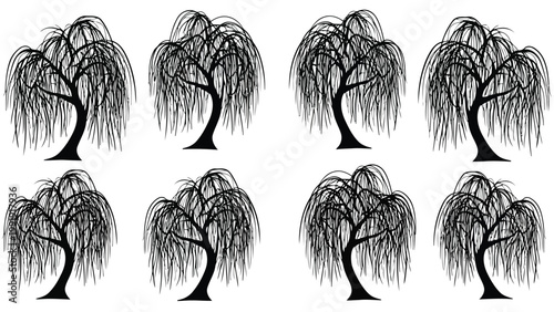 Six stylized black and white weeping willow trees in a minimalist arrangement