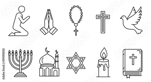 Collection of religious symbols and icons in line art style.