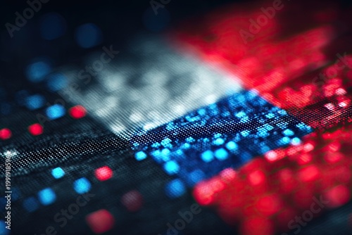 Pixelated abstract of a flag, colors of blue, white, and red, blurred with a shallow depth of field