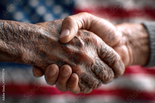 Close-up of hands shaking against a blurred American flag backdrop. Focus on unity