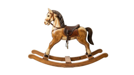 A classic wooden rocking horse with a saddle, captured in a studio shot with a white background, evoking a nostalgic and vintage mood.