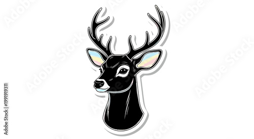 Black Deer Head Silhouette with Iridescent Antlers and Subtle Rainbow Colors