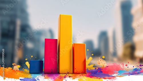 Colorful bar graph elements with vibrant paint splatter in front of blurry cityscape