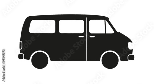 Black Silhouette of a Minivan or Passenger Van on White Background