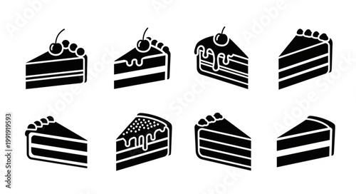 Collection of Sliced Cake Illustrations with Cherry Topping.