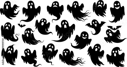 Halloween ghost silhouettes set, spooky phantom vector icons, black flying spirits and bats collection for holiday party decor and graphic design