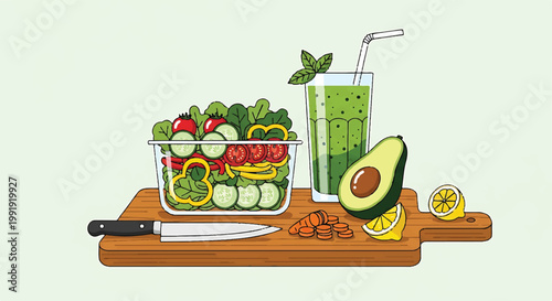 Fresh salad with avocado and green smoothie on a wooden cutting board, tomatoes