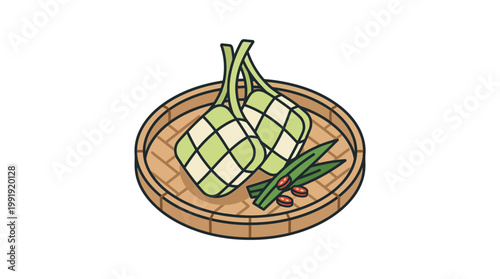 Traditional Asian woven rice cakes on a bamboo serving tray illustration