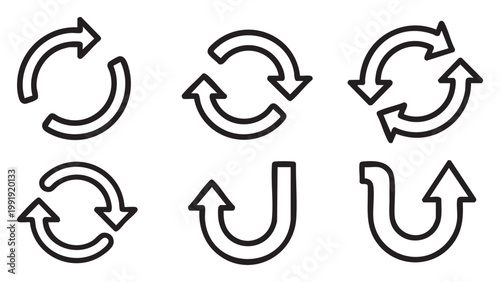 Six circular black and white directional arrow icons