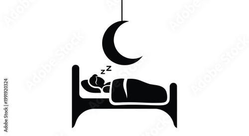 Sleeping child, moon, bed, black silhouette, icon, symbol, nighttime, rest