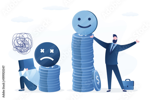 Successful businessman by tall coin stack and stressed person by small one, huge wealth gap and social inequality. Income levels. Salary payment, economic inequality.