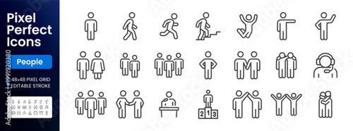 People line icons set. Person walking, running, happy man, company leader, friends hugs, team group, family minimal vector illustrations. Simple outline signs. 48x48 Pixel Perfect. Editable Stroke