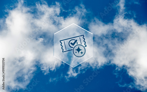 Artificial Intelligence ticket icon with sparkles on a glass honeycomb floating in the sky, representing AI generated events, smart booking and automated digital services