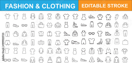 Fashion and clothing icons in editable stroke style for design projects Vector Isolated white background