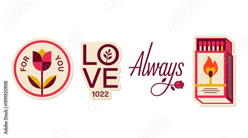 Valentine's Day modern minimal flat vector elements: tulip badge, love typography, calligraphy, matchbox stickers