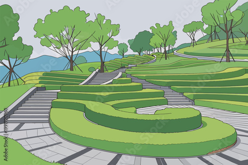 Winding pathway through green gardens with trees and shrubs at a hillside location during daylight hours