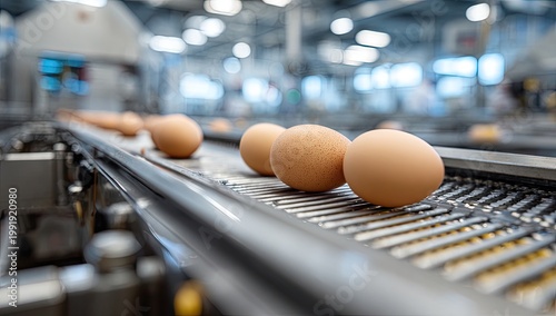 Close-up of eggs traveling along a production line in an industrial setting, with blurred background