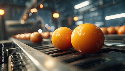 Close-up of shiny orange spheres rolling on a conveyor belt in a futuristic-looking facility