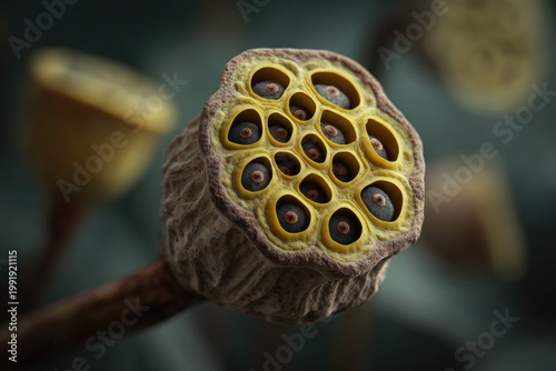 Macro shot of a withered seed pod, featuring numerous holes and dried seeds, with blurred background