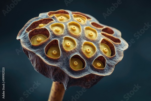 Close-up of a dried seed pod featuring many open seed receptacles