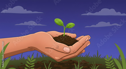 New beginnings: A tender hand cradles a young seedling, symbolizing growth, care, and the nurturing of potential in the embrace of nature.