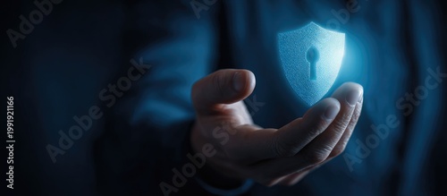 A person holds a glowing digital shield with a keyhole. The background is a gradient of blues