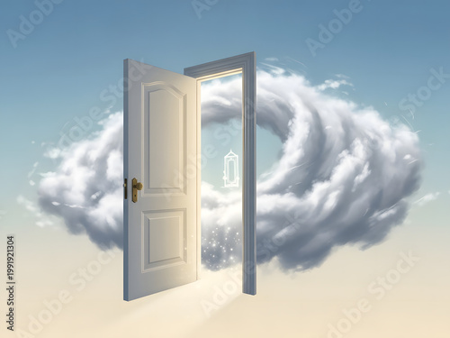 Door to Dreams: An open door, floating amidst a swirling cloudscape, beckons with the promise of new opportunities and boundless horizons.