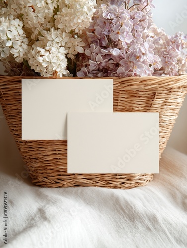 Minimal Business Card Mockup on Wicker Tray with Dried Flowers
