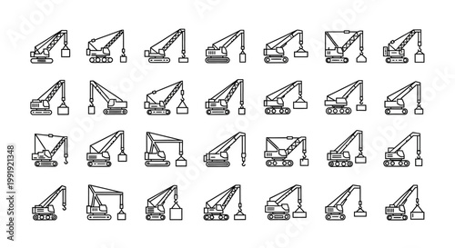 Construction Crane Icons Set: Heavy Machinery, Lifting Equipment, Industrial Vehicles