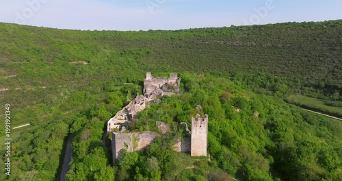 Aerial view of Dvigrad medieval castle ruins in Istria, Croatia