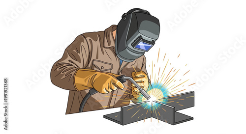 Welder working, sparks flying from metal welding, industrial manufacturing process illustration