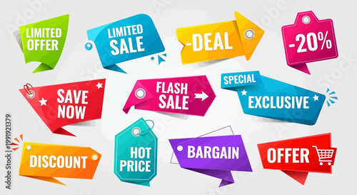 Colorful Sale Tags and Stickers: Discount, Offer, Deal, Sale, Exclusive, Special