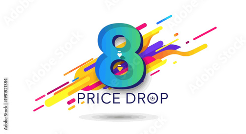 Price Drop 8 Percent Discount Sale Banner with Colorful Abstract Shapes