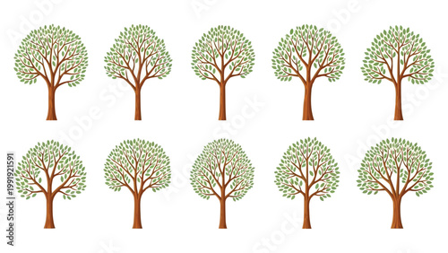 Collection of ten stylized trees arranged in two neat horizontal rows of five each