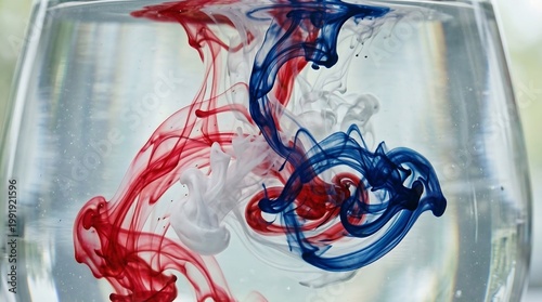 Vibrant red and blue ink swirls in a clear glass of water on a blurry green background