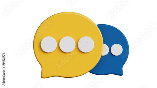 3D chat bubbles icon isolated on white background, blue and yellow speech bubbles with ellipsis, social media message notification or online support concept.