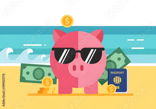 Holiday Savings: A playful illustration captures the essence of travel savings, depicting a piggy bank relaxing on a sunny beach, sunglasses in place, and surrounded by money and travel documents.