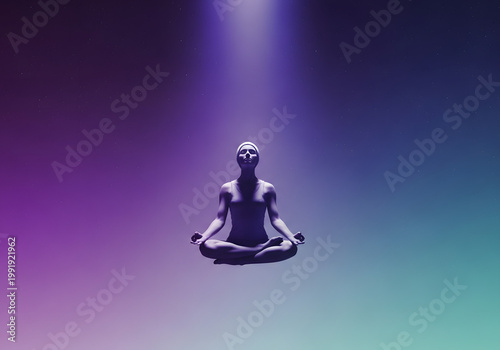 Enlightened Serenity: A lone figure embodies inner peace, levitating effortlessly in a gradient-filled space, embraced by the soft glow of focused light. 