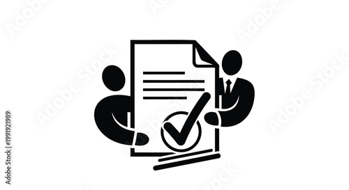 Business agreement, contract signing, teamwork, partnership icons, black line art