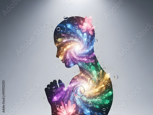 Inner Cosmos: A silhouette of a serene figure, infused with a vibrant galaxy of swirling colors and floral motifs, representing inner peace and the expanse of consciousness.